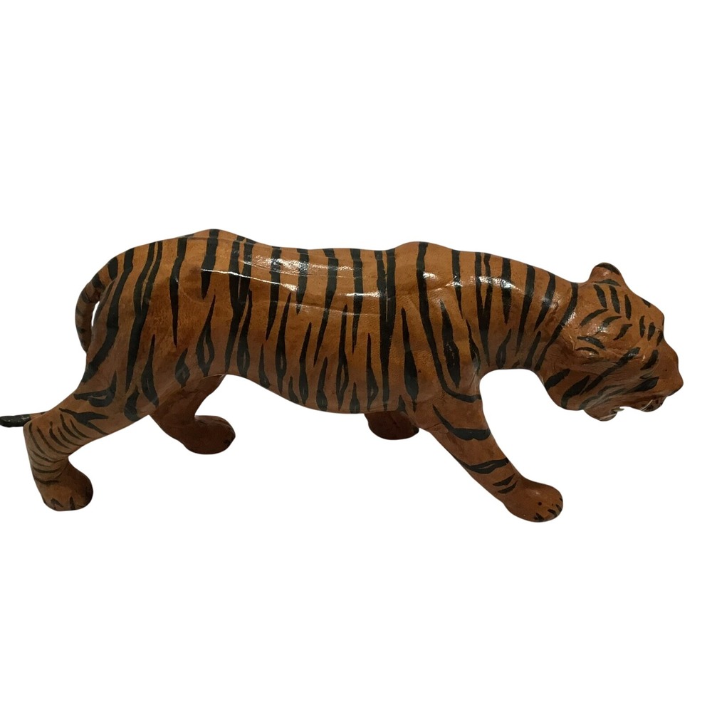 Vintage Tiger Figurine‎ Leather Wrapped 16.5" Long Sculptue w/ Glass Eyes Animal